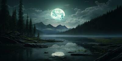 ai généré. ai génératif. soir nuit la nature Extérieur paysage Contexte plein lune et montagnes. graphique art photo