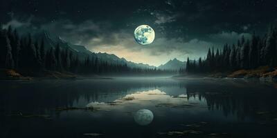 ai généré. ai génératif. soir nuit la nature Extérieur paysage Contexte plein lune et montagnes. graphique art photo
