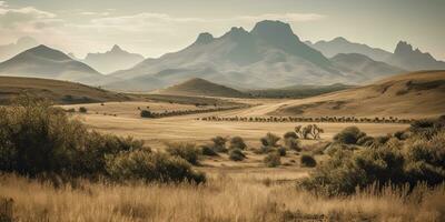 ai généré. ai génératif. sauvage Extérieur la nature Sud Afrique paysage Contexte avec montagnes et champ. graphique art photo