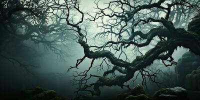 ai généré. ai génératif. effrayant horreur mal foncé gothique Halloween forêt jungle tordu arbre branches décoration Contexte. graphique art photo