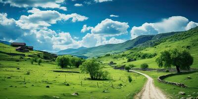 ai généré. ai génératif. la nature Extérieur paysage arrière-plan avec colline Montagne champ Prairie campagne et route. graphique art photo