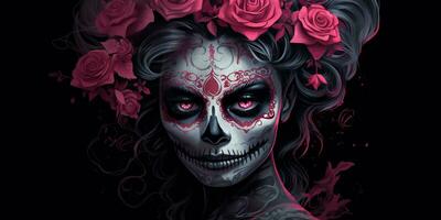 ai généré. ai génératif. muertos mexicain Latin journée de le mort vacances carnaval femme faire en haut sucre crâne affronter. magnifique femme avec Halloween photo