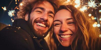 ai généré. ai génératif. couple de les amoureux homme et femme célébrer Nouveau année joyeux Noël nuit veille. romantique l'amour photo illustration. graphique art