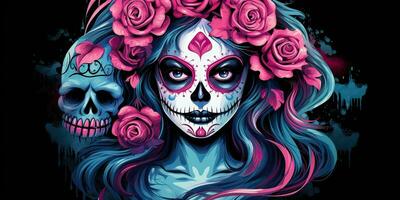 ai généré. ai génératif. muertos mexicain Latin journée de le mort vacances carnaval femme faire en haut sucre crâne affronter. magnifique femme avec Halloween photo