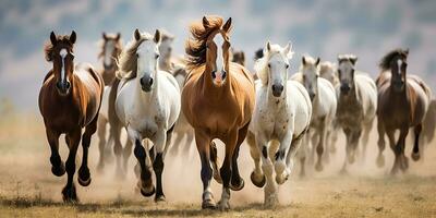 ai généré. ai génératif. groupe de les chevaux fonctionnement Extérieur la nature Contexte. sauvage la vie animal décoration. graphique art photo