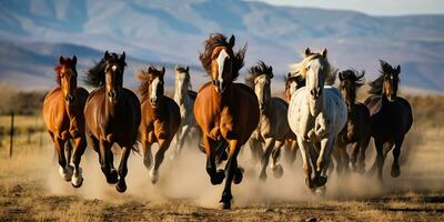 ai généré. ai génératif. groupe de les chevaux fonctionnement Extérieur la nature Contexte. sauvage la vie animal décoration. graphique art photo