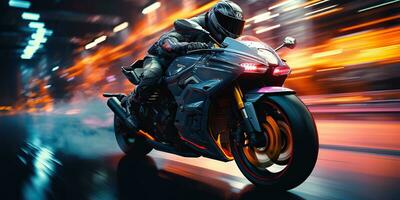 ai généré. ai génératif. moto motard cavalier sur sport futur moto dans mouvement déplacer. cyberpunk synthwave ambiance. graphique art photo