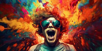 ai généré. ai génératif. vibrant multi Couleur explosion Holi poudre boom avec Beau homme portrait dans des lunettes de soleil. graphique art photo