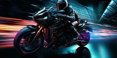 ai généré. ai génératif. moto motard cavalier sur sport futur moto dans mouvement déplacer. cyberpunk synthwave ambiance. graphique art photo