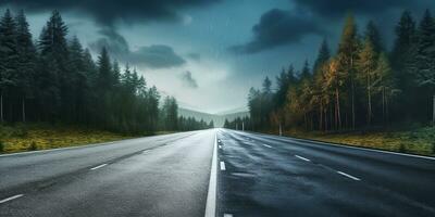 ai généré. ai génératif. Extérieur la nature Landsacpe forêt arbre route Autoroute chemin paysage Contexte. graphique art photo