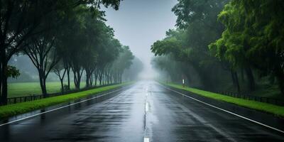 ai généré. ai génératif. Extérieur la nature Landsacpe forêt arbre route Autoroute chemin paysage Contexte. graphique art photo