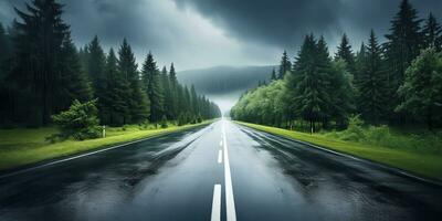 ai généré. ai génératif. Extérieur la nature Landsacpe forêt arbre route Autoroute chemin paysage Contexte. graphique art photo