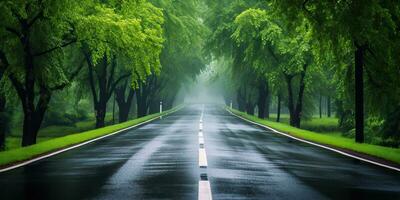 ai généré. ai génératif. Extérieur la nature Landsacpe forêt arbre route Autoroute chemin paysage Contexte. graphique art photo