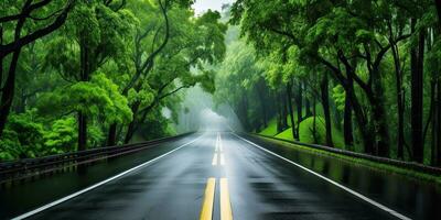 ai généré. ai génératif. Extérieur la nature Landsacpe forêt arbre route Autoroute chemin paysage Contexte. graphique art photo