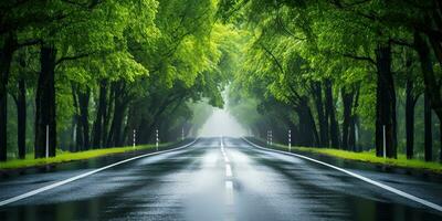 ai généré. ai génératif. Extérieur la nature Landsacpe forêt arbre route Autoroute chemin paysage Contexte. graphique art photo