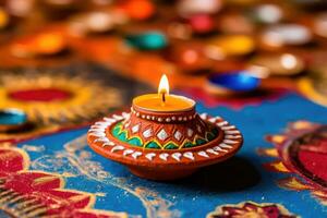 magnifiquement décoré argile diya pétrole lampe pour diwali fête - génératif ai photo