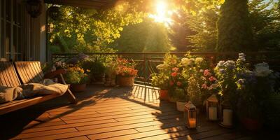 ai généré. ai génératif. Extérieur la nature extérieur Accueil maison Hôtel architecture jardin avec confortable canapé et tableau. beaucoup les plantes et fleurs à le coucher du soleil temps. graphique art photo