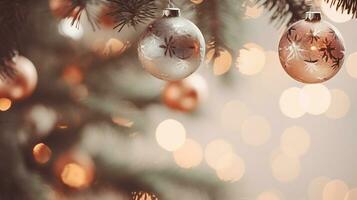 Noël arbre branche avec brillant ornements et lumières ai génératif photo