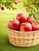 mûr rouge pommes dans une osier panier sur le vert herbe par ai généré photo