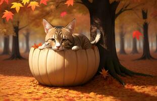 chat à l'intérieur une en bois bol avec l'automne Contexte ai généré photo