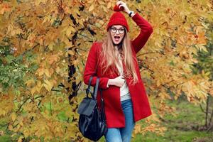 surpris affronter. l'automne parc. jolie Jeune Dame en marchant et profiter la nature. photo