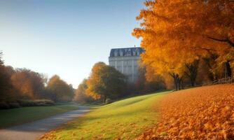 en marchant chemin dans l'automne parc ai généré photo