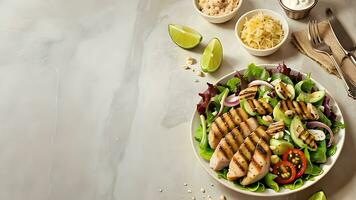 une assiette salade avec poulet filet plat allonger avec copie espace ai généré photo