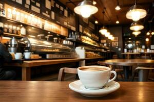 une tasse de café sur table dans bien café magasin ai généré photo