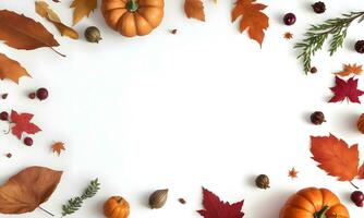 l'automne plat allonger feuilles avec citrouille dans blanc Contexte avec copie espace ai généré photo