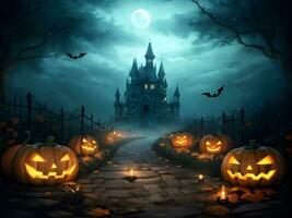 Halloween chemin avec citrouille et Château Contexte ai généré photo