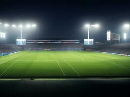 panoramique vue de Football stade. vide nuit football champ, personne, bannière modèle, copie espace. ai généré photo