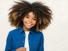 mignonne insouciant sympathique adolescent fille avec afro coiffure souriant largement avec timide, ai généré photo