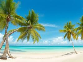 panorama de tropical plage avec noix de coco paume des arbres, ai généré photo