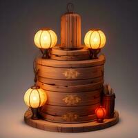 une en bois cylindre avec chinois lanterne ai généré photo