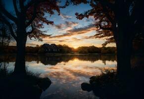 photo Soleil ensemble dans l'automne Lac ai généré