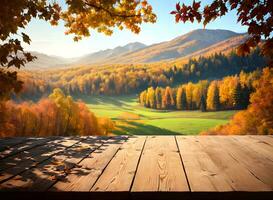 vide en bois table maquette avec l'automne paysage Contexte ai généré photo