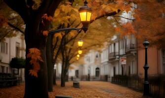 rue lampe dans l'automne arbre ai généré photo