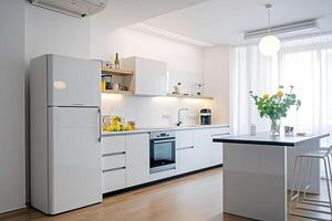 intérieur de minimal moderne décor style cuisine avec étagères, compteur bar et cuisinier zone, Accueil manger pièce avec contemporain conception. photo