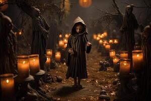 Halloween Contexte avec effrayant mignonne modèle dans le effrayant village scène, cimetière et pierre tombale sur cimetière zone à nuit. photo