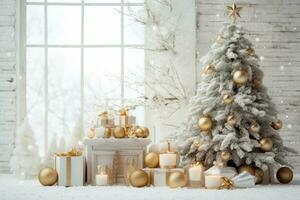 luxe Noël Contexte avec cadeau boîte, ornement décorations et blanc d'or chaud Ton, content Nouveau année fête, de fête conception scène. photo