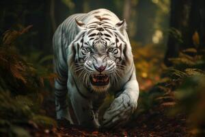 portrait de blanc tigre cache ou cachette dans le forêt chasse pour des proies, animaux faune concept, animal dans le jungle, dangereux temps. photo