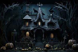 foncé maison décoration pour Halloween fête Contexte avec citrouille bougie dans effrayant nuit, fantôme journée conception concept, hanté Maisons scène. photo
