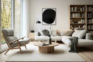 moderne style intérieur vivant pièce chaud scandinave et confortable avec en bois décoration, confortable beige Ton élégant, meubles, confortable lit, minimal décor conception Contexte. photo