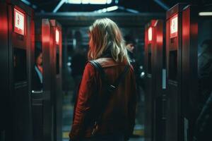 femme main insertion une métro billet à entrer une métro gare. métro billet pour Publique transport dans le ville. ai généré photo