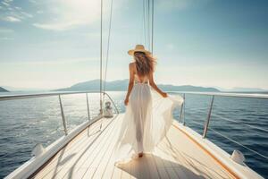 blond femme avec chapeau sur une yacht et jouit le été vacances plus de le tropical océan, ai généré photo