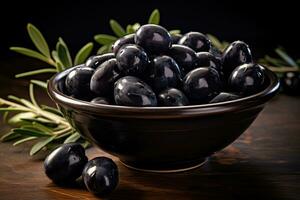 Frais noir Olives dans rustique panier, ai généré photo