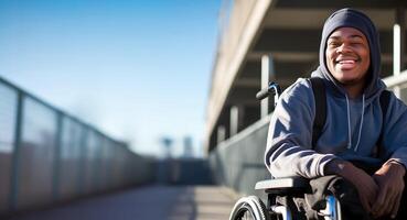 content désactivée la personne sur fauteuil roulant avec une gros souriant sur ensoleillé journée. ai génératif photo