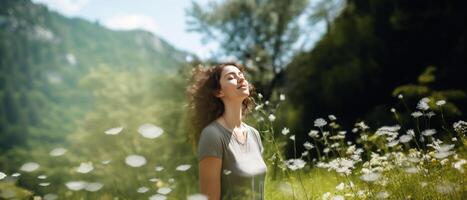 harmonie, proche à la nature notions, une Jeune femelle prendre Profond respiration Frais air dans le sauvage fleurs Prairie de vert forêt. engageant corps et esprit avec nature, concept de calme, ai génératif photo