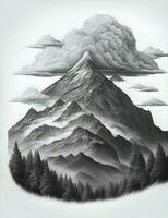 montagnes, des arbres avec des nuages gravure style illustration photo