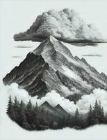 montagnes, des arbres avec des nuages gravure style illustration photo